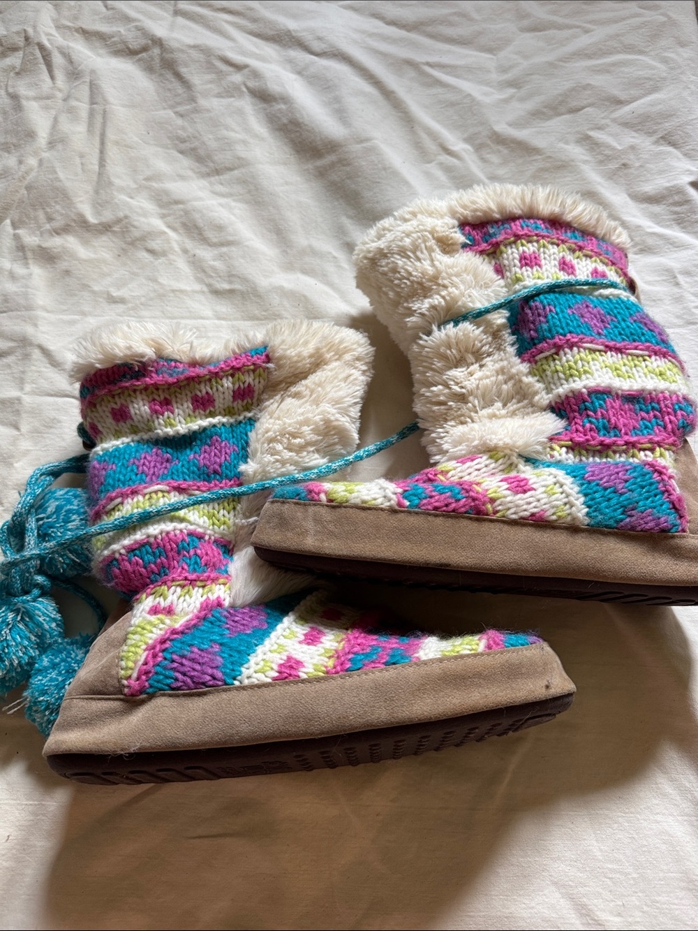Women's Knit Pattern Faux-Fur Winter Boots - Turquoise & Pink